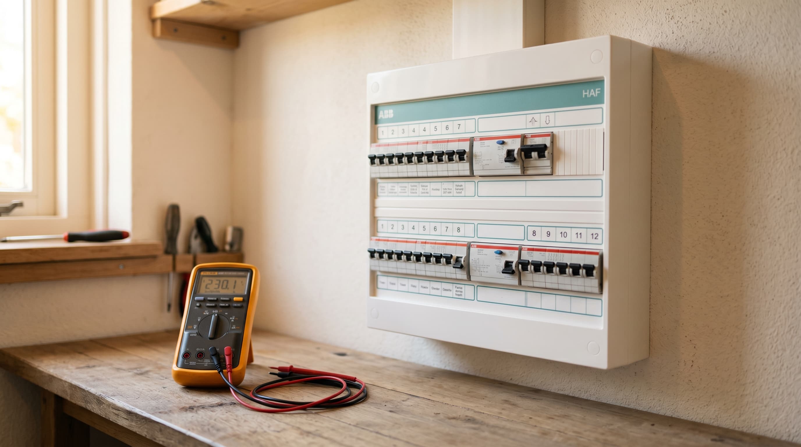 Elektricien met een meetinstrument naast een geopende groepenkast in een woning