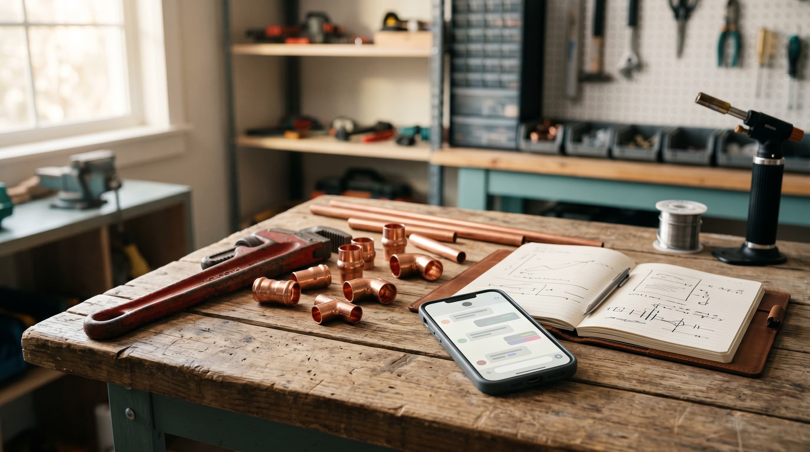 Gereedschap van een loodgieter naast een smartphone in een werkplaats