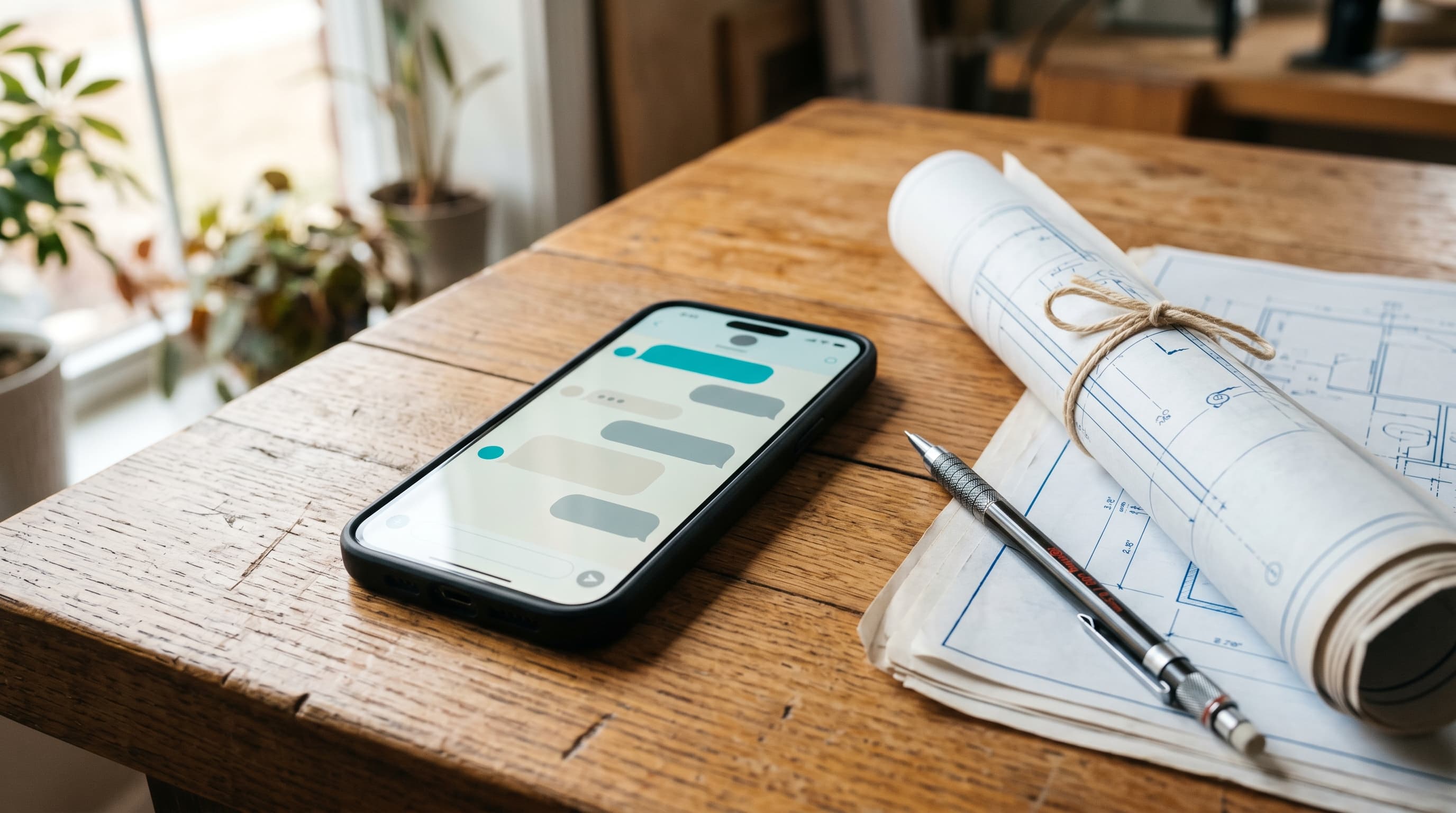 Smartphone met chat-conversatie op het scherm, gelegd op een blauwdruk van een technische installatie