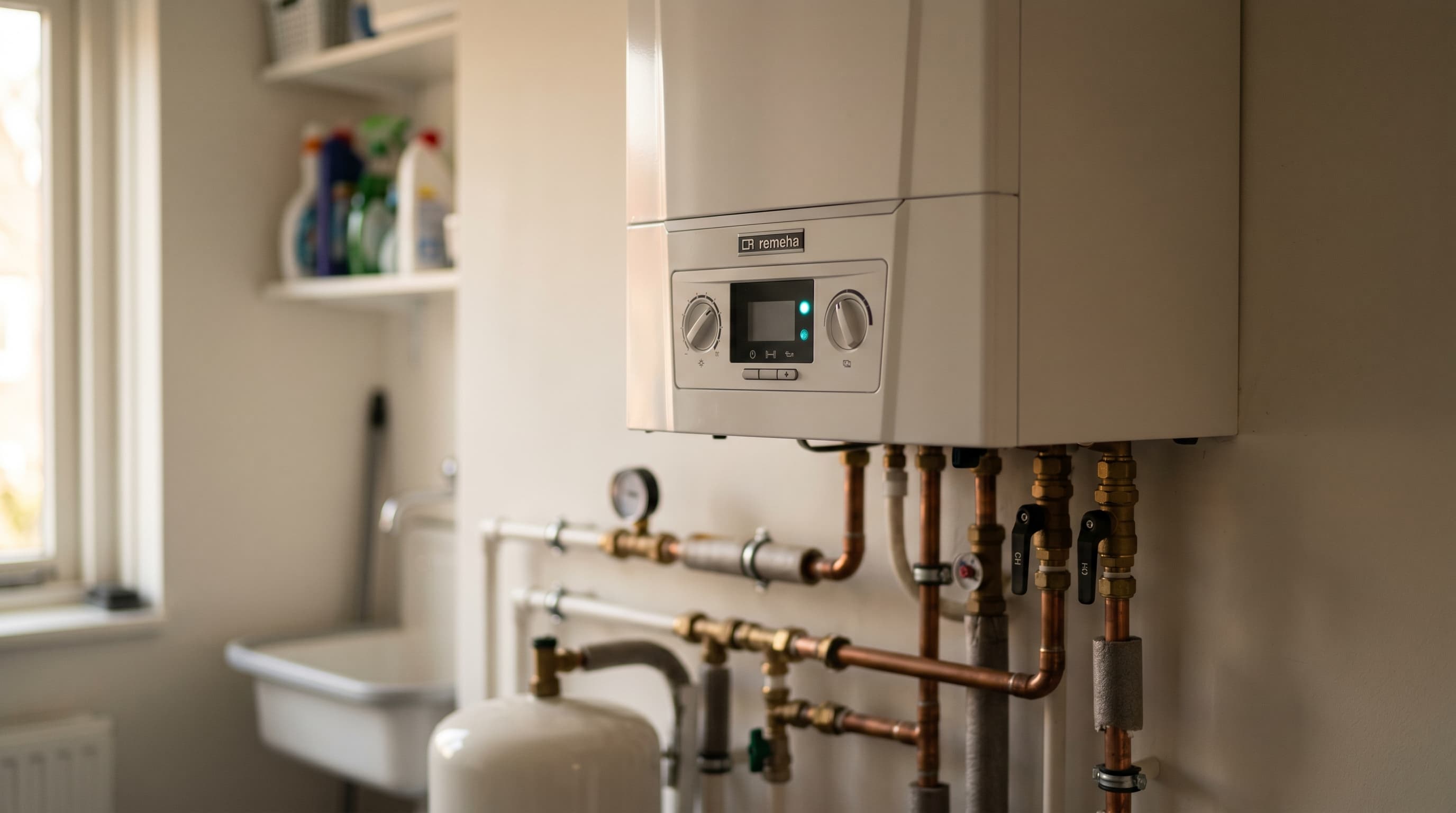 Close-up van een moderne CV-ketel in een bijkeuken met warm licht vanaf een raam