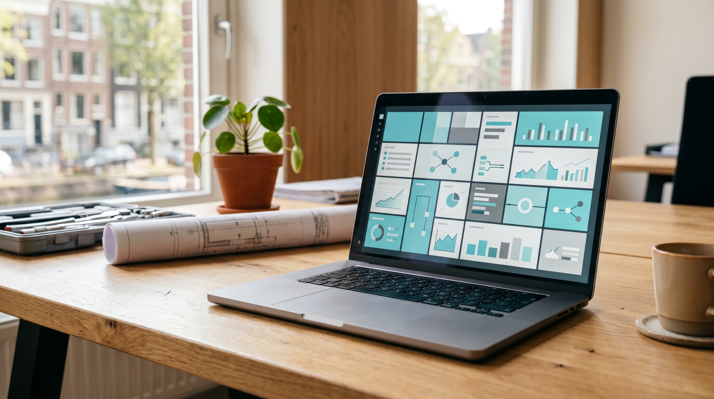 Laptop met planning-dashboard op een werkplek met gereedschap op de achtergrond