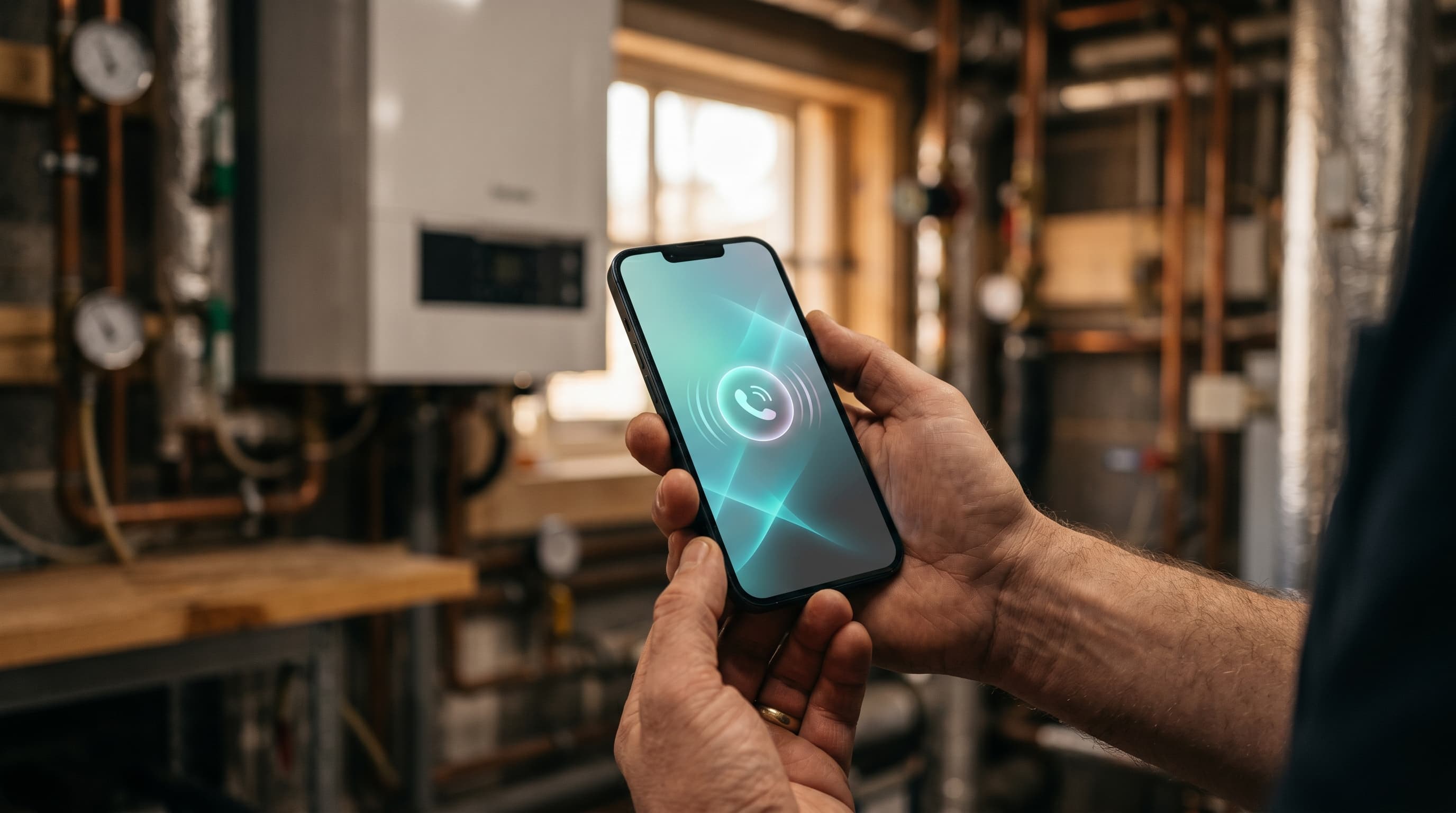 Monteur bekijkt melding op telefoon naast een CV-ketel in een technische ruimte