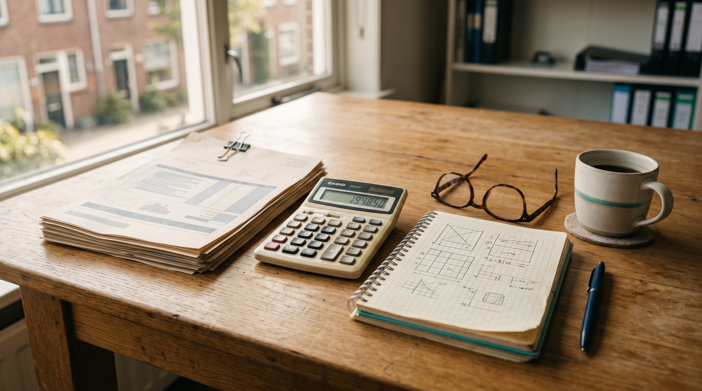 Rekenmachine en facturen op een bureau in een kantoor van een installatiebedrijf