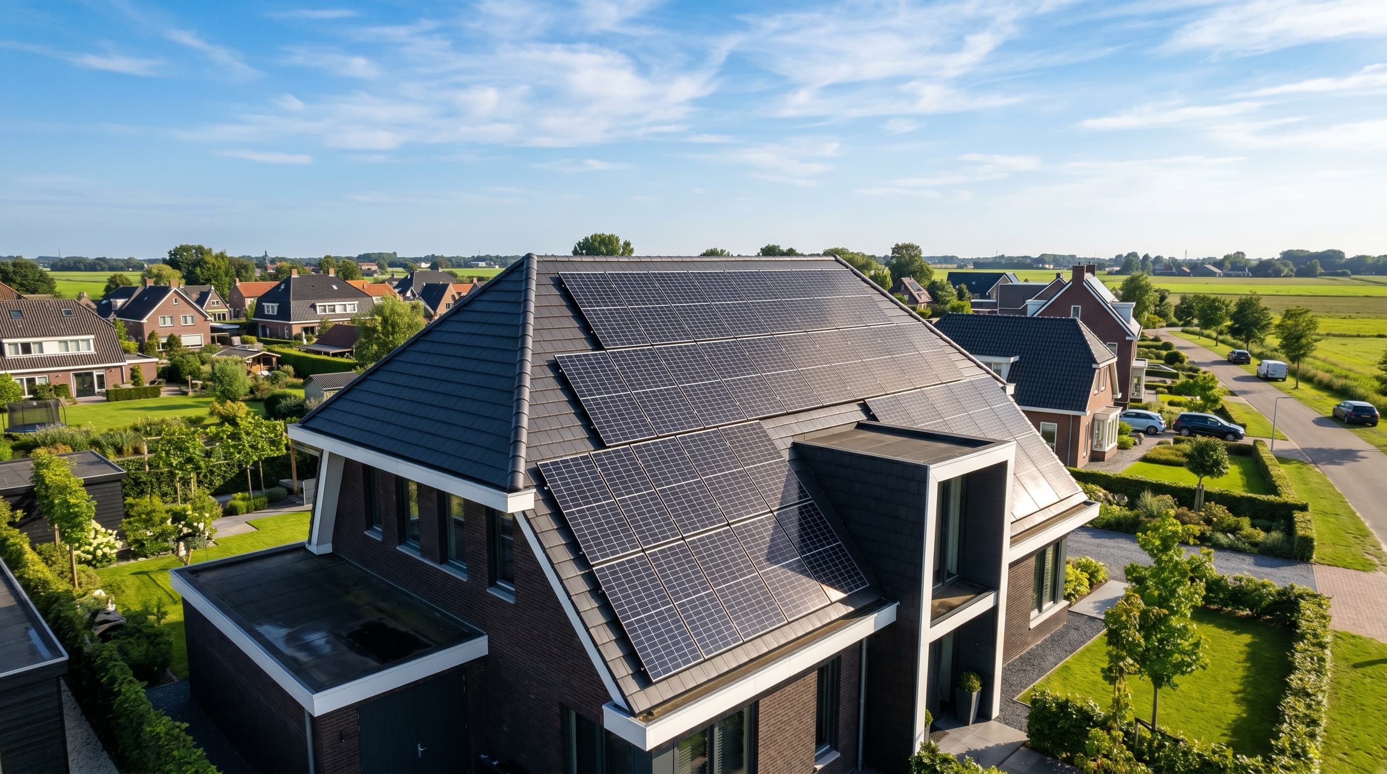 Zonnepanelen op een modern Nederlands dak bij heldere blauwe hemel