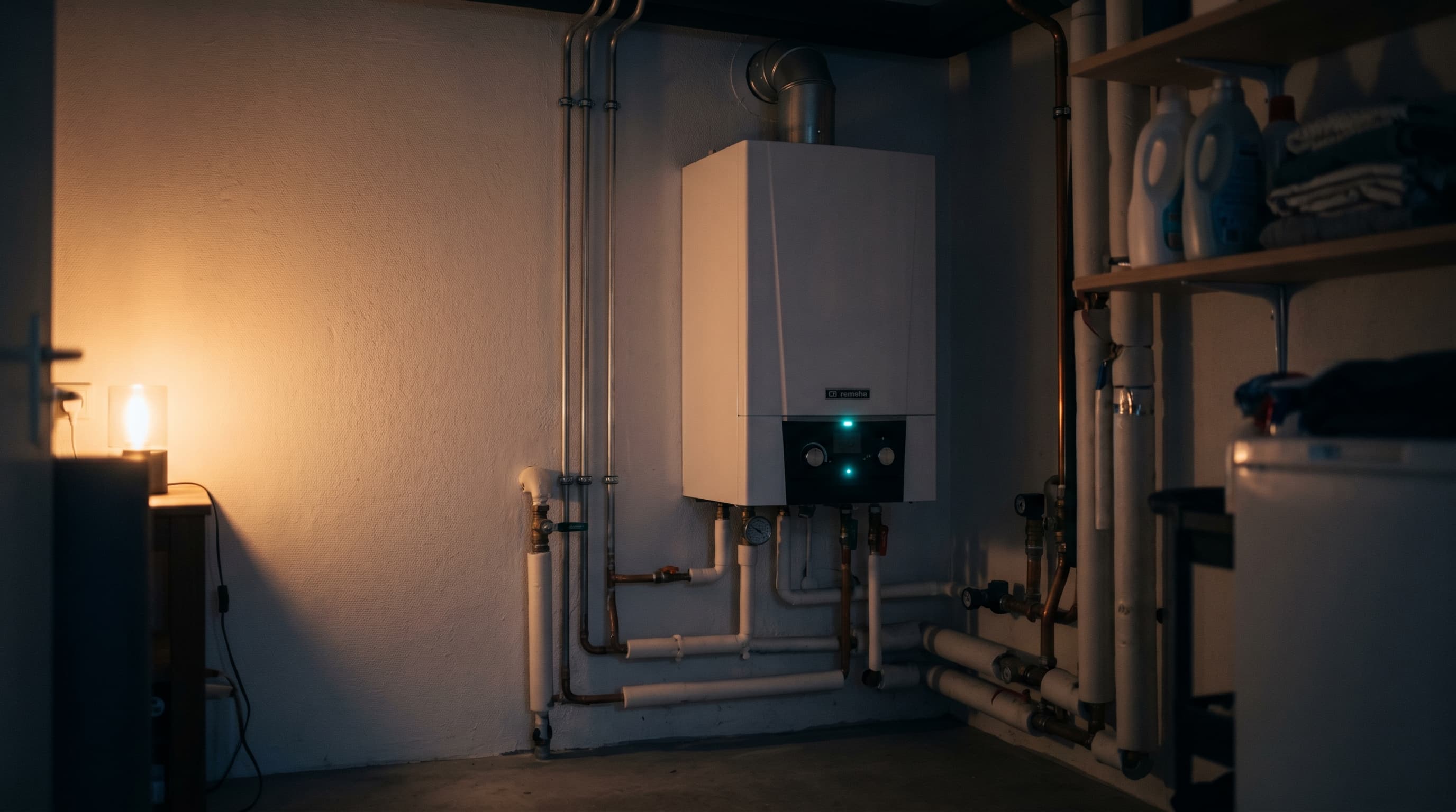 CV-ketel in een donkere bijkeuken met een zacht teal LED-lampje aan