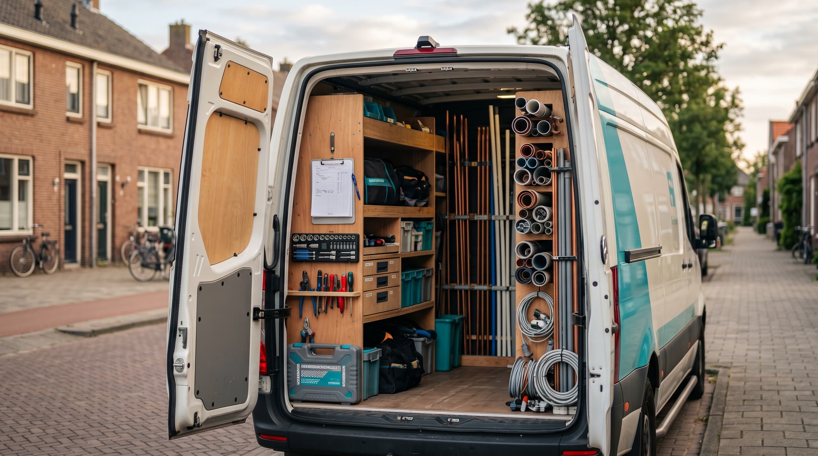 Service van open bij een Nederlandse woning in ochtendlicht, monteur vertrekt naar een klus