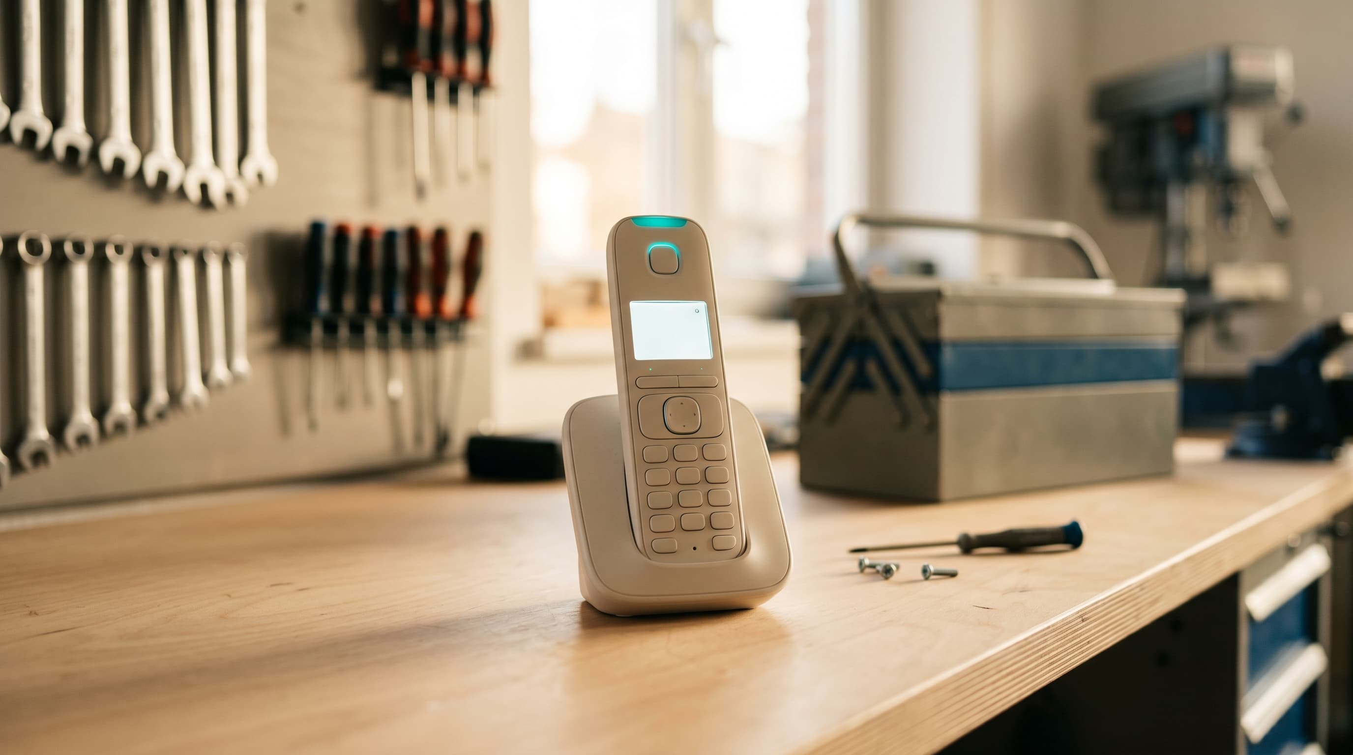 Bureautelefoon op een werkbank in de werkplaats van een installatiebedrijf